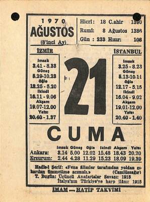 21 Ağustos 1970 Takvim Yaprağı - Doğum Günü Hediyesi EFM(N)9688 - 1