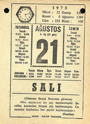 21 Ağustos 1973 Takvim Yaprağı - Doğum Günü Hediyesi EFM(N)10121 - 4