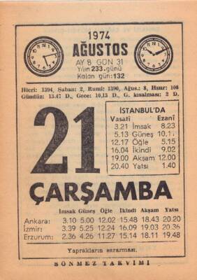 21 Ağustos 1974 Takvim Yaprağı EFM(N)2450 - 1