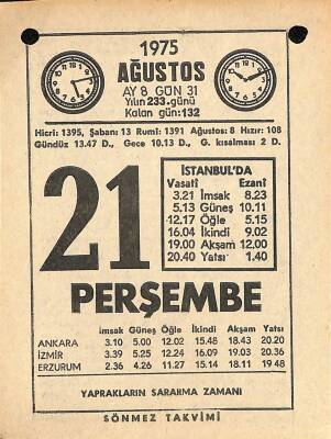 21 Ağustos 1975 Takvim Yaprağı - Doğum Günü Hediyesi EFM(N)9657 - 2