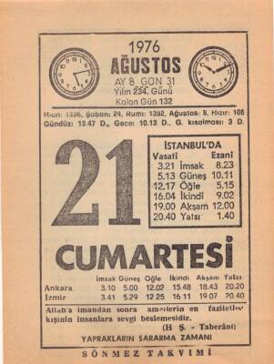 21 Ağustos 1976 Takvim Yaprağı EFM(N)2451 - 3