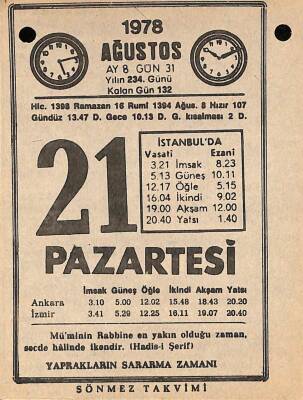 21 Ağustos 1978 Takvim Yaprağı - Doğum Günü Hediyesi EFM(N)9739 - 2
