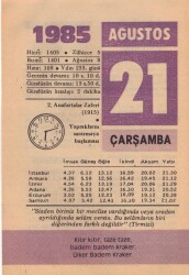 21 Ağustos 1985 Takvim Yaprağı EFM(N)2453 - 2
