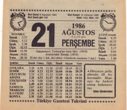 21 Ağustos 1986 Takvim Yaprağı EFM(N)2454 - 2