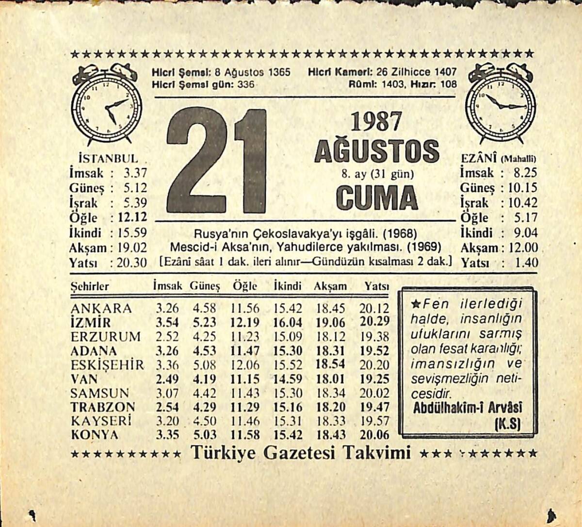 21 Ağustos 1987 Takvim Yaprağı - Doğum Günü Hediyesi EFMN13864 - 1