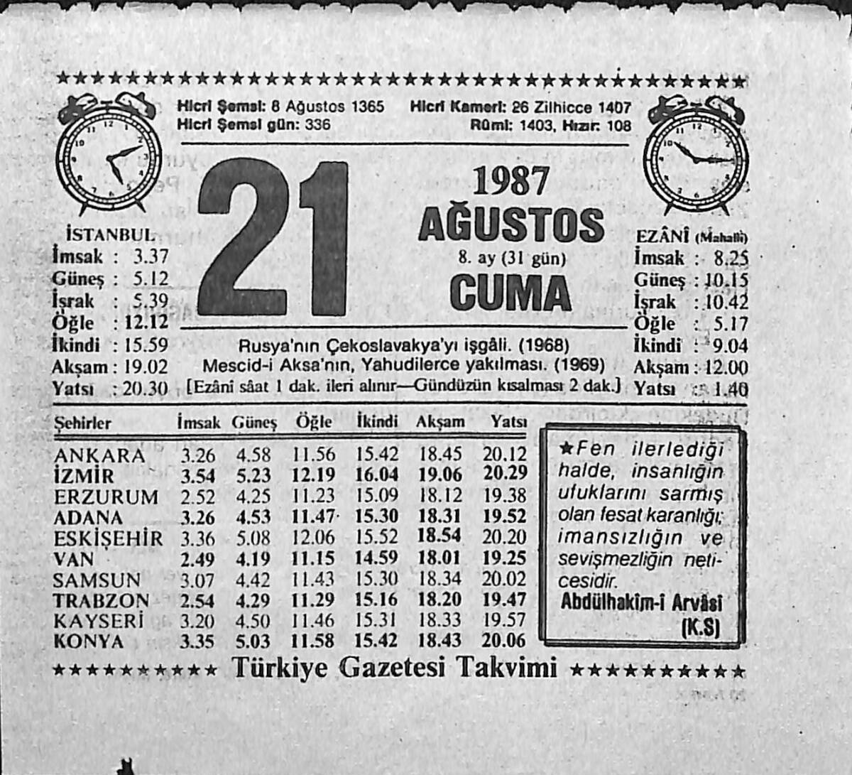 21 Ağustos 1987 Takvim Yaprağı - Doğum Günü Hediyesi EFMN13925 - 1