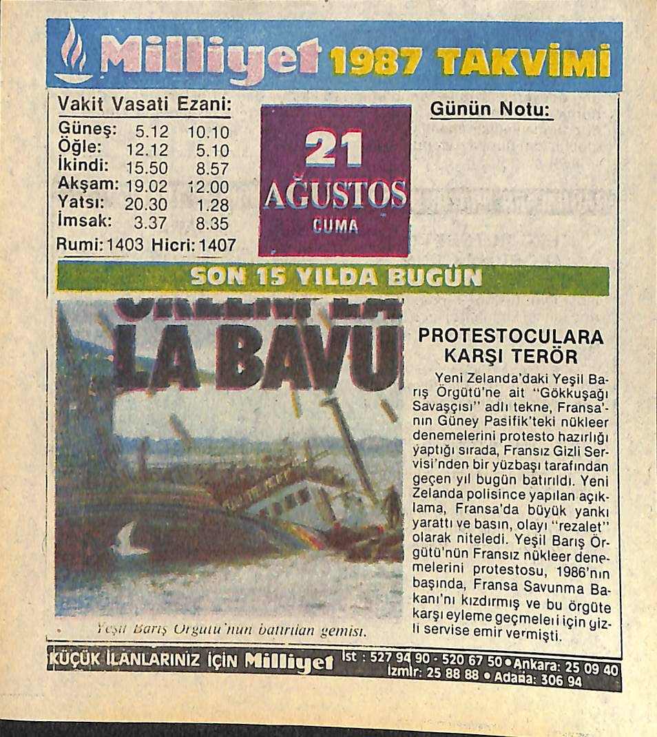 21 Ağustos 1987 Takvim Yaprağı - Doğum Günü Hediyesi EFMN14097 - 1