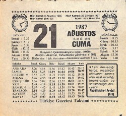 21 Ağustos 1987 Takvim Yaprağı - Doğum Günü Hediyesi EFMN15862 - Gökçekoleksiyon