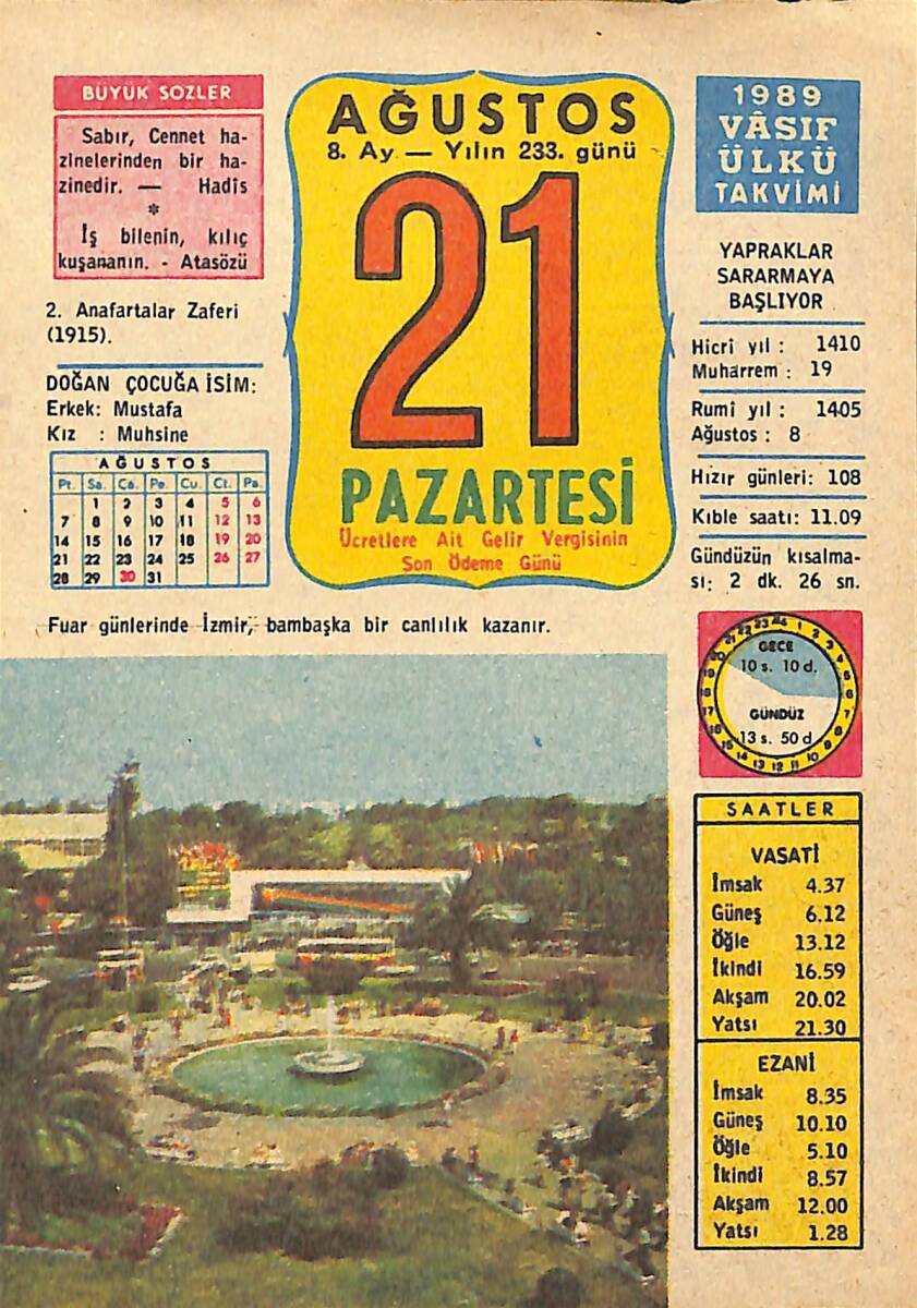 21 Ağustos 1989 Takvim Yaprağı - Doğum Günü Hediyesi EFMN13539 - 1