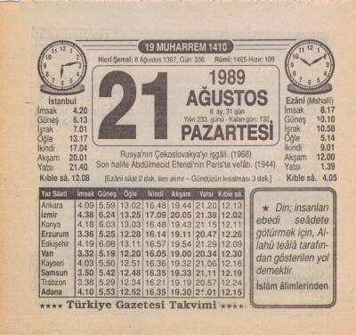 21 Ağustos 1989 Takvim Yaprağı EFM(N)2456 - 2