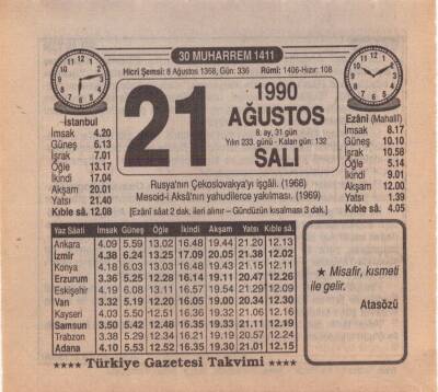 21 Ağustos 1990 Takvim Yaprağı EFM(N)2457 - 2