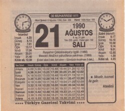 21 Ağustos 1990 Takvim Yaprağı EFM(N)2457 - 1
