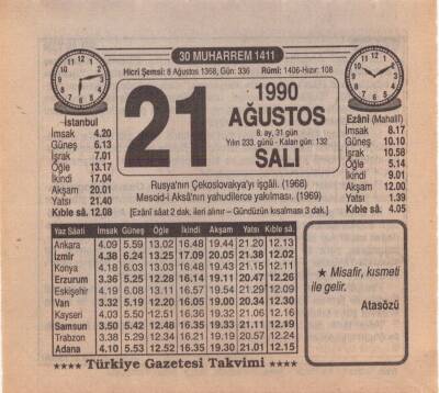 21 Ağustos 1990 Takvim Yaprağı EFM(N)2457 - 1