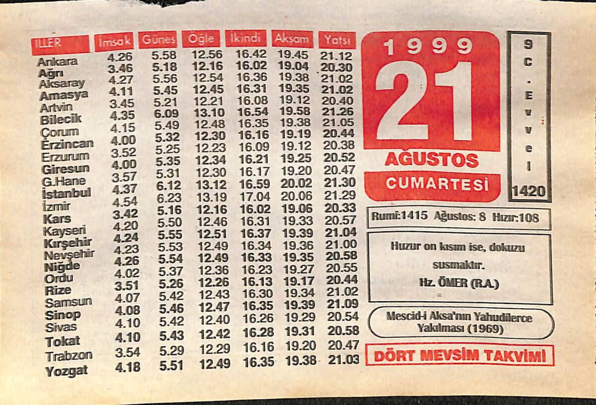21 Ağustos 1999 Takvim Yaprağı - Doğum Günü Hediyesi EFMN14035 - 1