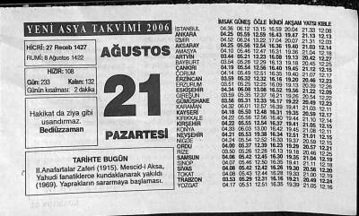 21 Ağustos 2006 Takvim Yaprağı - Doğum Günü Hediyesi EFM(N)9957 - 1
