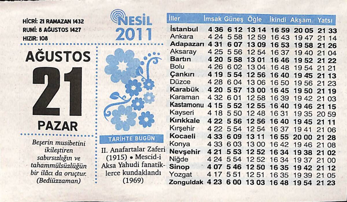 21 Ağustos 2011 Takvim Yaprağı - Doğum Günü Hediyesi EFMN14336 - 1