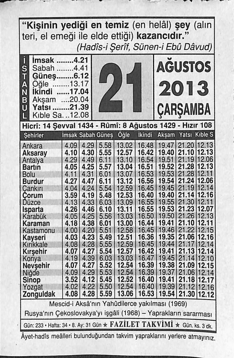 21 Ağustos 2013 Takvim Yaprağı - Doğum Günü Hediyesi EFMN13564 - 1