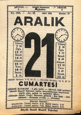 21 Aralık 1968 Takvim Yaprağı - Doğum Günü Hediyesi EFM(N)11055 - 1