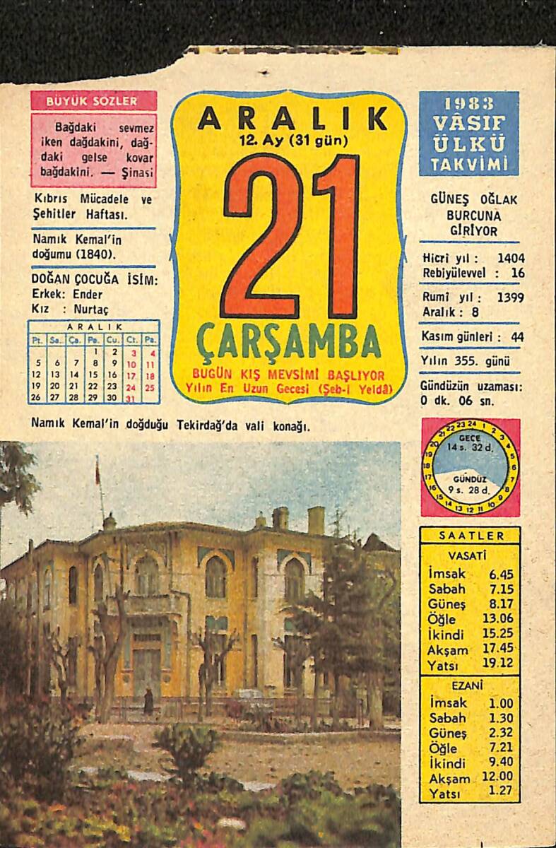 21 Aralık 1983 Takvim Yaprağı - Doğum Günü Hediyesi EFMN13701 - 1
