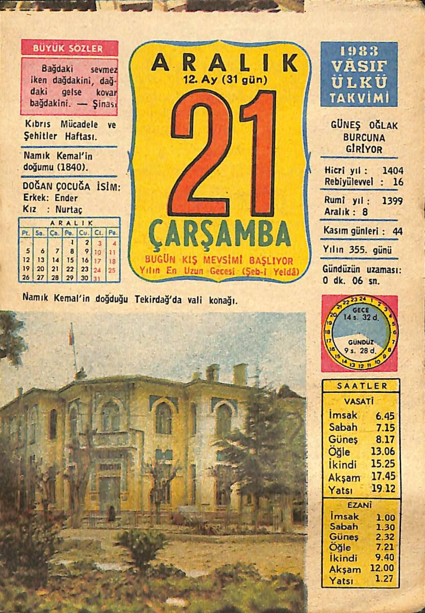 21 Aralık 1983 Takvim Yaprağı - Doğum Günü Hediyesi EFMN14674 - 1