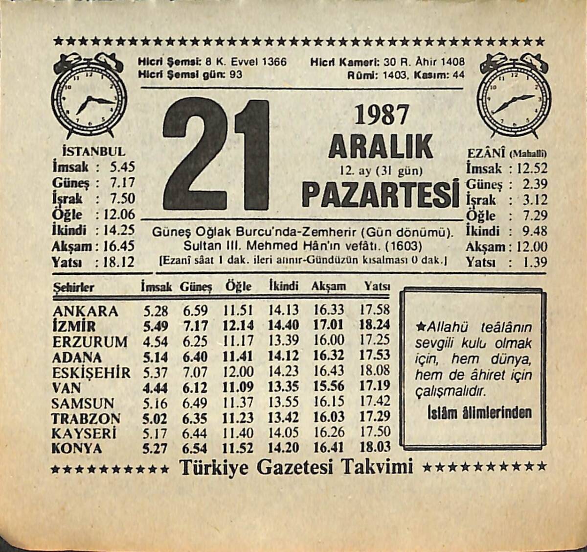 21 Aralık 1987 Takvim Yaprağı - Doğum Günü Hediyesi EFMN14990 - 1