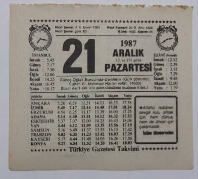 21 Aralık 1987 Takvim Yaprağı - Doğum Günü Hediyesi EFM(N)7190 - 1