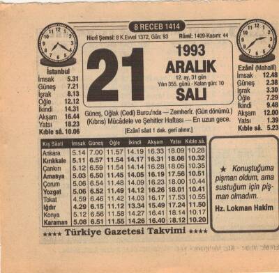 21 Aralık 1993 Takvim Yaprağı EFM(N)4242 - 2