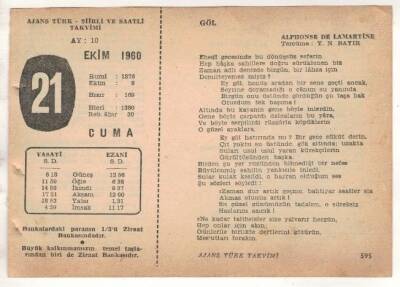 21 Ekim 1960 Ajans Türk Takvim Yaprağı (Şiirli Saatli) EFM(N) 1758 - 1