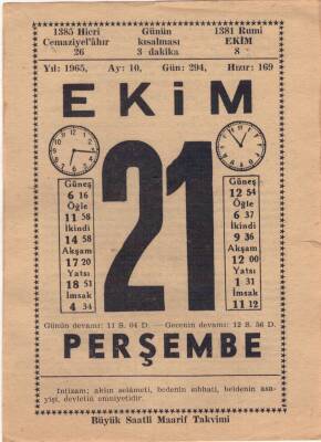 21 Ekim 1965 Takvim Yaprağı EFM(N)3563 - 2