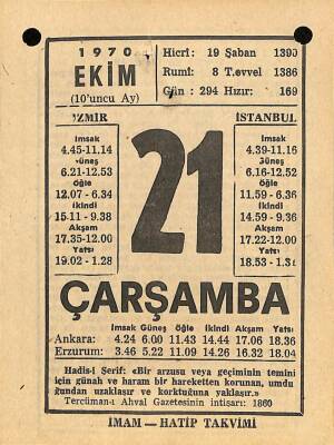21 Ekim 1970 Takvim Yaprağı - Doğum Günü Hediyesi EFM(N)10551 - 2