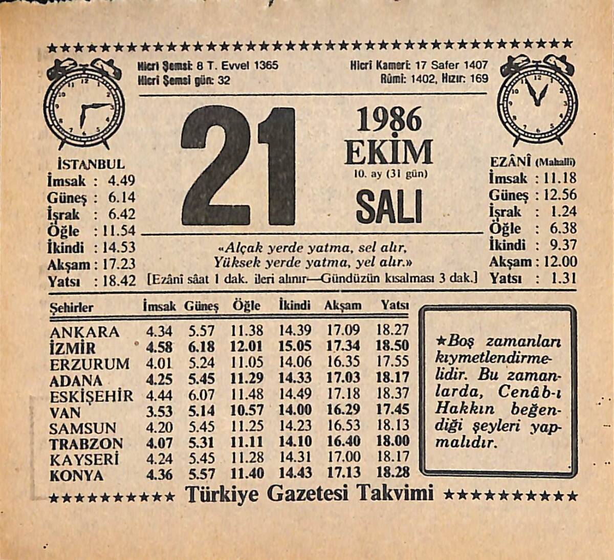21 Ekim 1986 Takvim Yaprağı - Doğum Günü Hediyesi EFMN14910 - 1