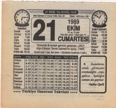 21 Ekim 1989 Takvim Yaprağı EFM(N)3115 - 1