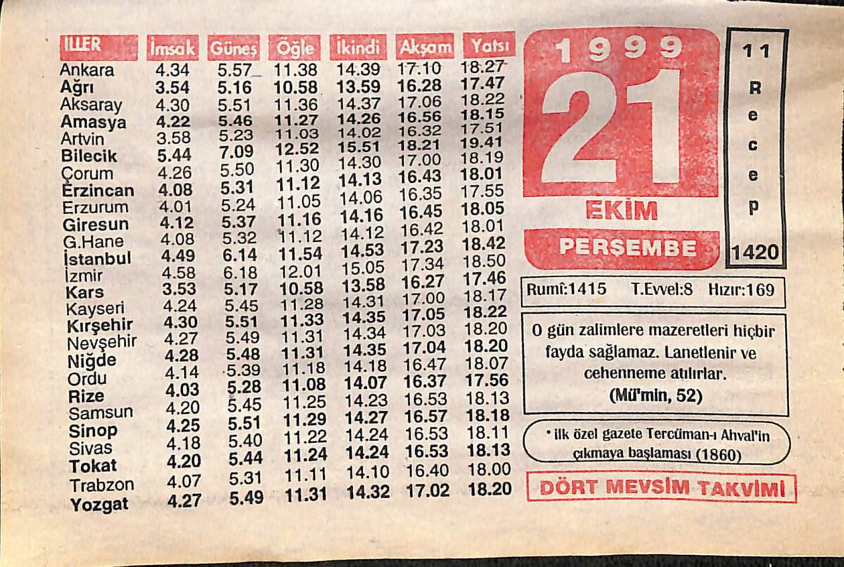 21 Ekim 1999 Takvim Yaprağı - Doğum Günü Hediyesi EFMN14066 - 1