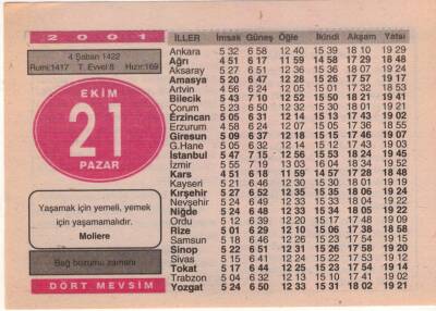 21 Ekim 2001 Takvim Yaprağı EFM(N)3742 - 1