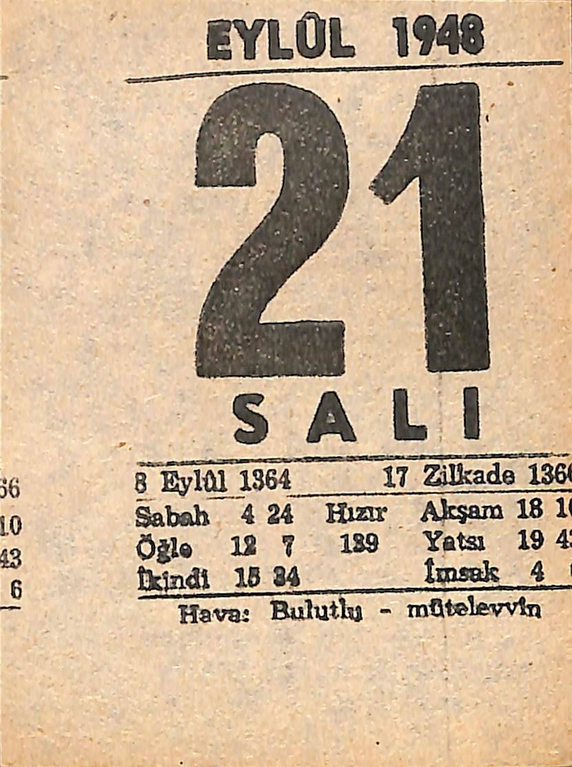 21 Eylül 1948 Takvim Yaprağı - Doğum Günü Hediyesi EFMN14386 - 1