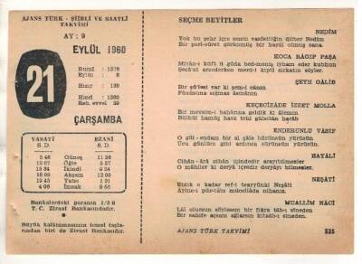 21 Eylül 1960 Ajans Türk Takvim Yaprağı (Şiirli Saatli) EFM(N) 1728 - 1