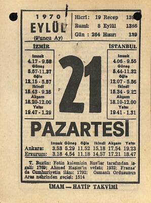 21 Eylül 1970 Takvim Yaprağı - Doğum Günü Hediyesi EFM(N)9897 - 2