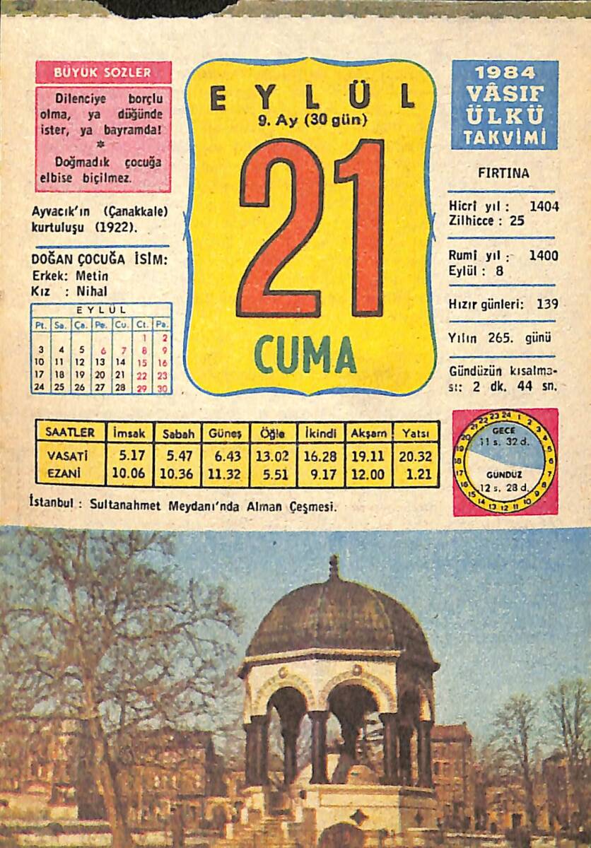 21 Eylül 1984 Takvim Yaprağı - Doğum Günü Hediyesi EFMN14845 - 1