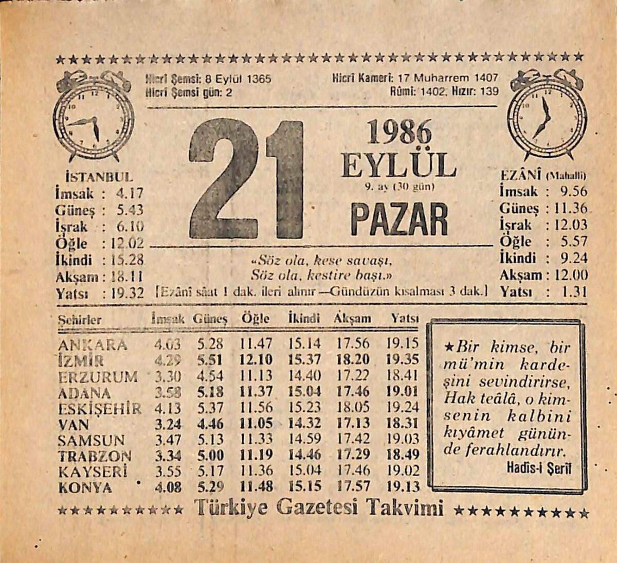 21 Eylül 1986 Takvim Yaprağı - Doğum Günü Hediyesi EFMN14940 - 1
