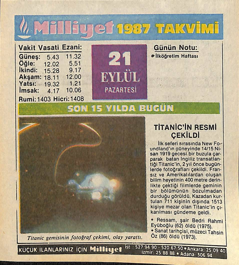 21 Eylül 1987 Takvim Yaprağı - Doğum Günü Hediyesi EFMN14138 - 1