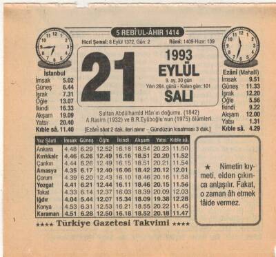 21 Eylül 1993 Takvim Yaprağı EFM(N)2893 - 1