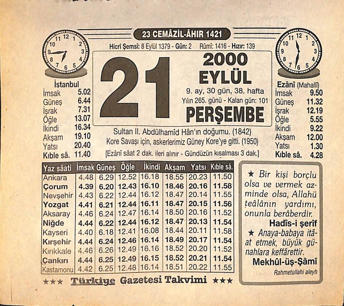 21 Eylül 2000 Takvim Yaprağı - Doğum Günü Hediyesi EFMN14239 - 1