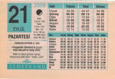 21 Eylül 2009 Takvim Yaprağı EFM(N)2944 - 1