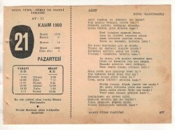21 Kasım 1960 Ajans Türk Takvim Yaprağı (Şiirli Saatli) EFM(N) 1787 - 2