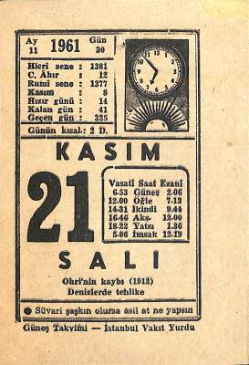 21 Kasım 1961 Takvim Yaprağı - Doğum Günü Hediyesi EFM(N)11239 - 1