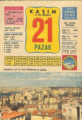 21 Kasım 1982 Takvim Yaprağı - Doğum Günü Hediyesi EFM(N)11926 - 1