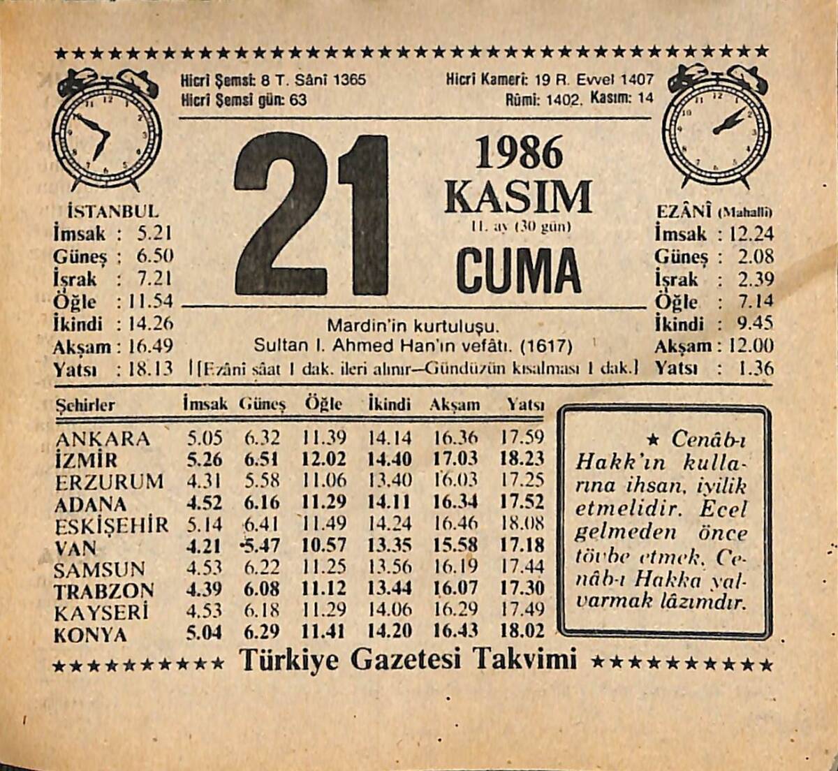 21 Kasım 1986 Takvim Yaprağı - Doğum Günü Hediyesi EFMN14881 - 1