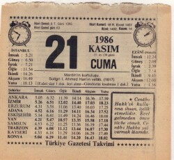21 Kasım 1986 Takvim Yaprağı EFM(N)3421 - Gökçekoleksiyon