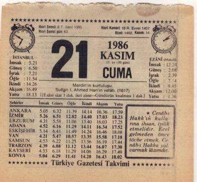 21 Kasım 1986 Takvim Yaprağı EFM(N)3421 - 1