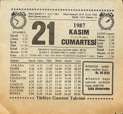 21 Kasım 1987 Takvim Yaprağı - Doğum Günü Hediyesi EFMN15020 - Gökçekoleksiyon
